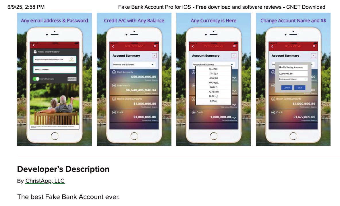 CNET listing for Fake Bank Account Pro app