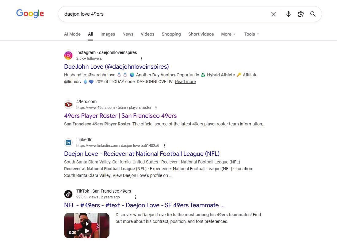 Google search results for daejon love 49ers