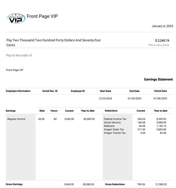 Fake payroll stub for Front Page VIP