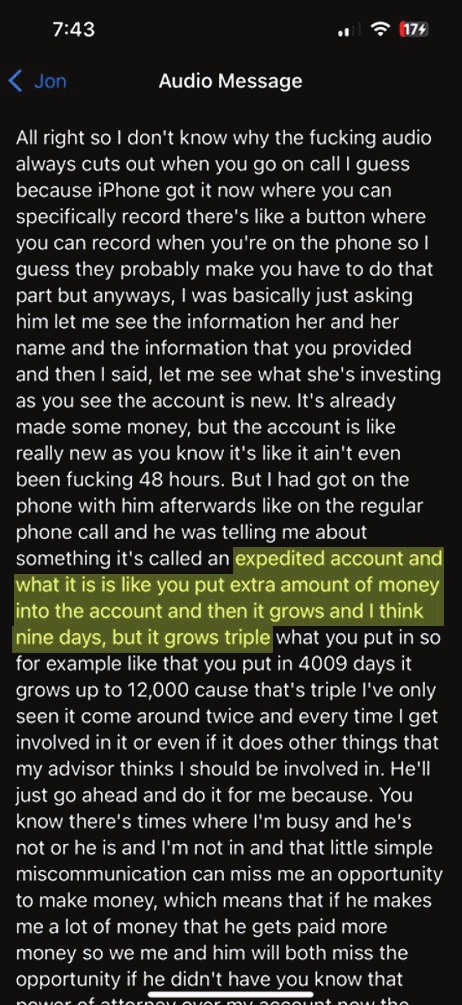 iPhone audio message transcription of the expedited account pitch