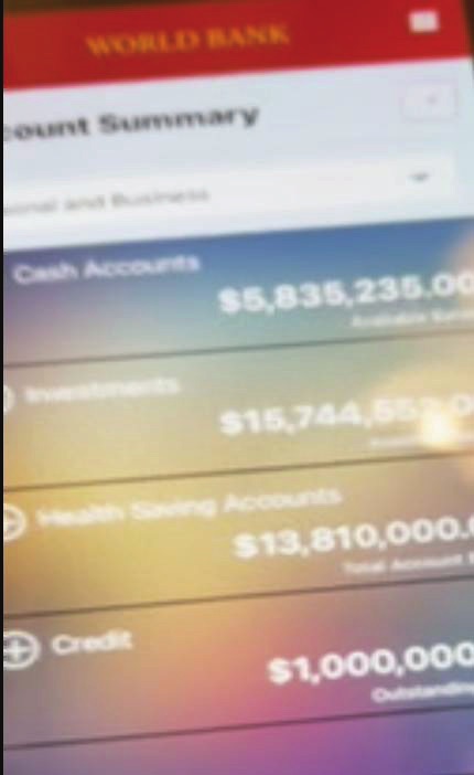 Phone screen showing World Bank account summary with over 30 million dollars